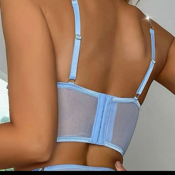 Blue Floral Embroidery Gold Chain Link Mesh Underwire Bra - Picture 4 of 6